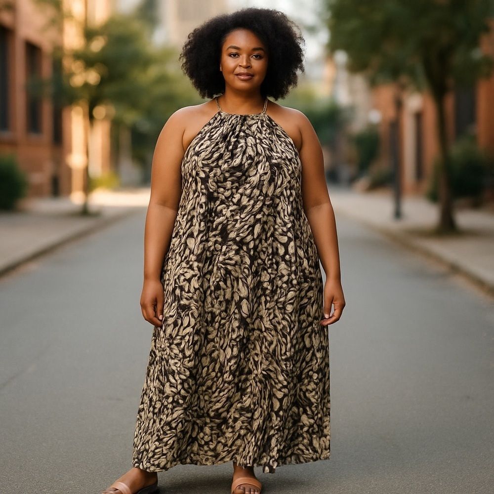 Mille Gabrielle Hi Low Midi Length Lightweight Unlined Brown Print 2X Halter